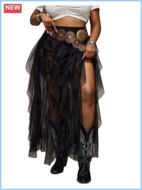 Plus Size Tulle Mesh Layered Ruffle Maxi Skirt High Waisted Asymmetrical